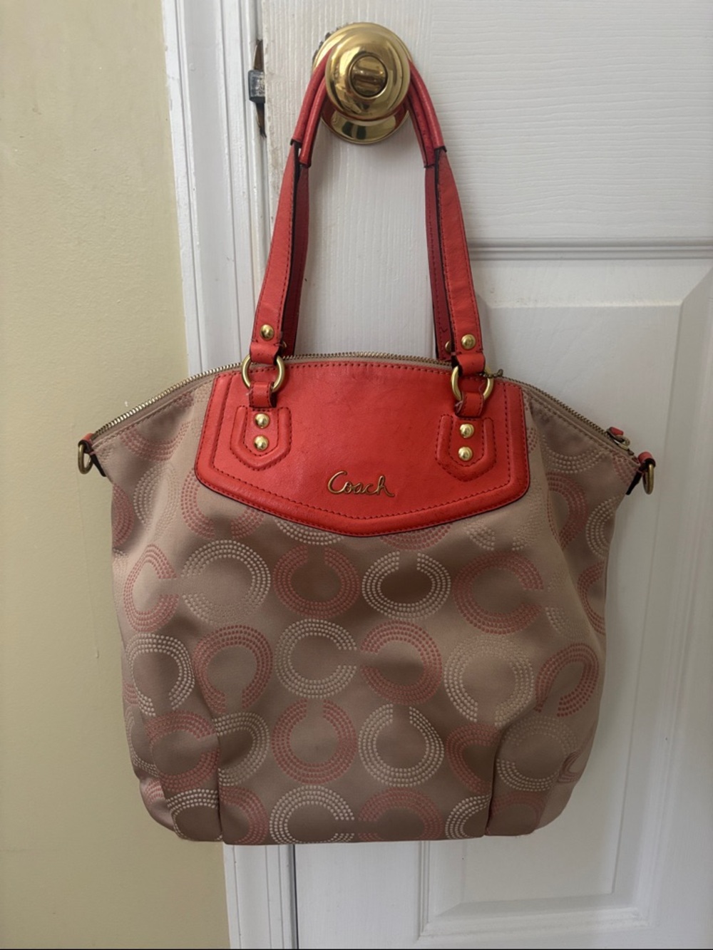 Coach Tote with Coral Trim and Signature Circle Jacquard